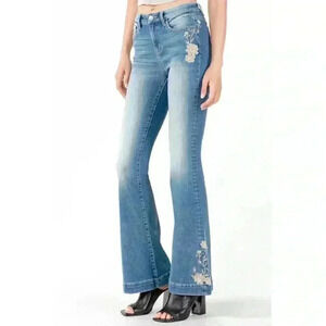Miss Me High-Rise Flare w Floral Embroidery #H38519H, size 25, 34” inseam, NWT